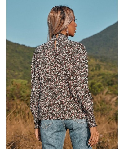 Women's Floral Print Flounce Long Sleeve Mock Neck Work Blouses Tops Black L Black Ditsy Floral $11.25 Blouses