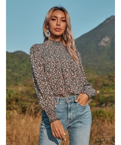 Women's Floral Print Flounce Long Sleeve Mock Neck Work Blouses Tops Black L Black Ditsy Floral $11.25 Blouses