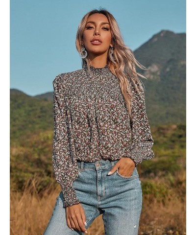 Women's Floral Print Flounce Long Sleeve Mock Neck Work Blouses Tops Black L Black Ditsy Floral $11.25 Blouses