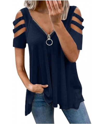 Women's Sexy Cold Shoulder Plus Size Lace Up Tunic Tops Low Cut V Neck T Shirts Flowy Blouse to Wear with Leggings Blue,navy ...