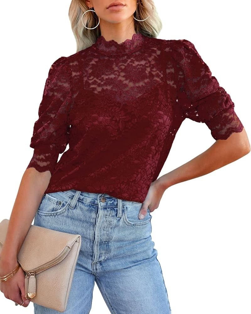 Womens Tops Puff Short Sleeve Ruched V Neck Loose Fit Summer T Shirts Blouse Z4 Burgundy $10.00 Blouses