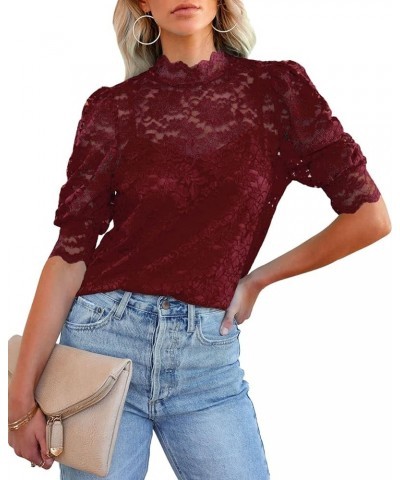 Womens Tops Puff Short Sleeve Ruched V Neck Loose Fit Summer T Shirts Blouse Z4 Burgundy $10.00 Blouses