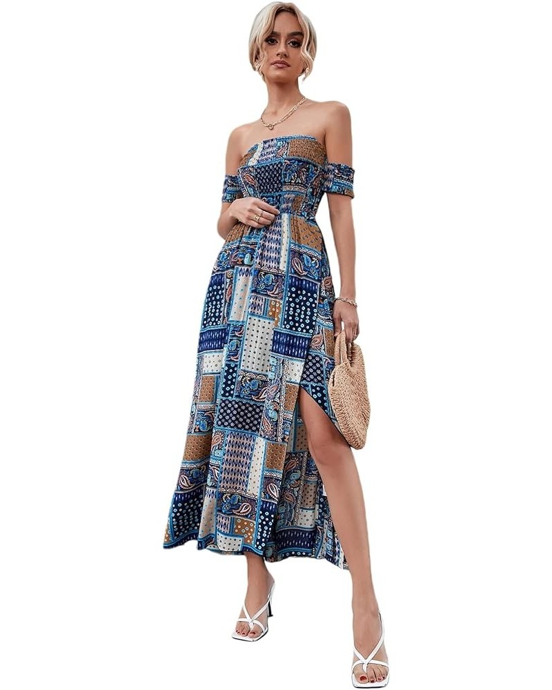 Women's Boho Floral Print Off Shoulder Split Long A Line Dress Blue Tribal $23.39 Dresses