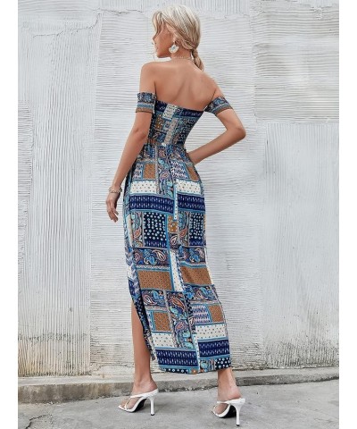 Women's Boho Floral Print Off Shoulder Split Long A Line Dress Blue Tribal $23.39 Dresses