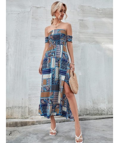 Women's Boho Floral Print Off Shoulder Split Long A Line Dress Blue Tribal $23.39 Dresses