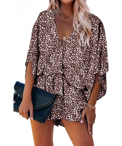 Women's Floral Print Shorts Jumpsuit Wrap V Neck 3/4 Sleeve Casual Loose Oversized Romper With Pockets Coffee $26.54 Rompers