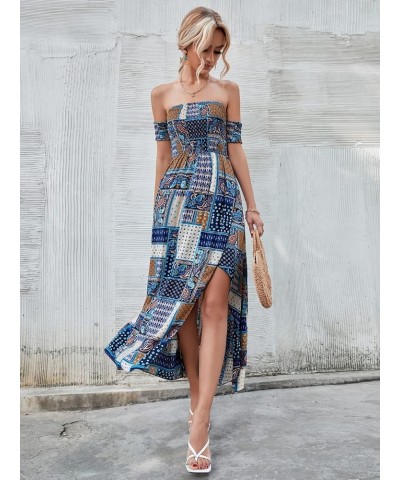 Women's Boho Floral Print Off Shoulder Split Long A Line Dress Blue Tribal $23.39 Dresses