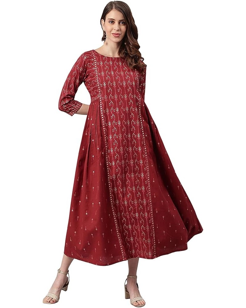 Women's Day Maroon Cotton Flex Ethnic Dress Gold $27.03 Dresses