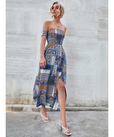 Women's Boho Floral Print Off Shoulder Split Long A Line Dress Blue Tribal $23.39 Dresses