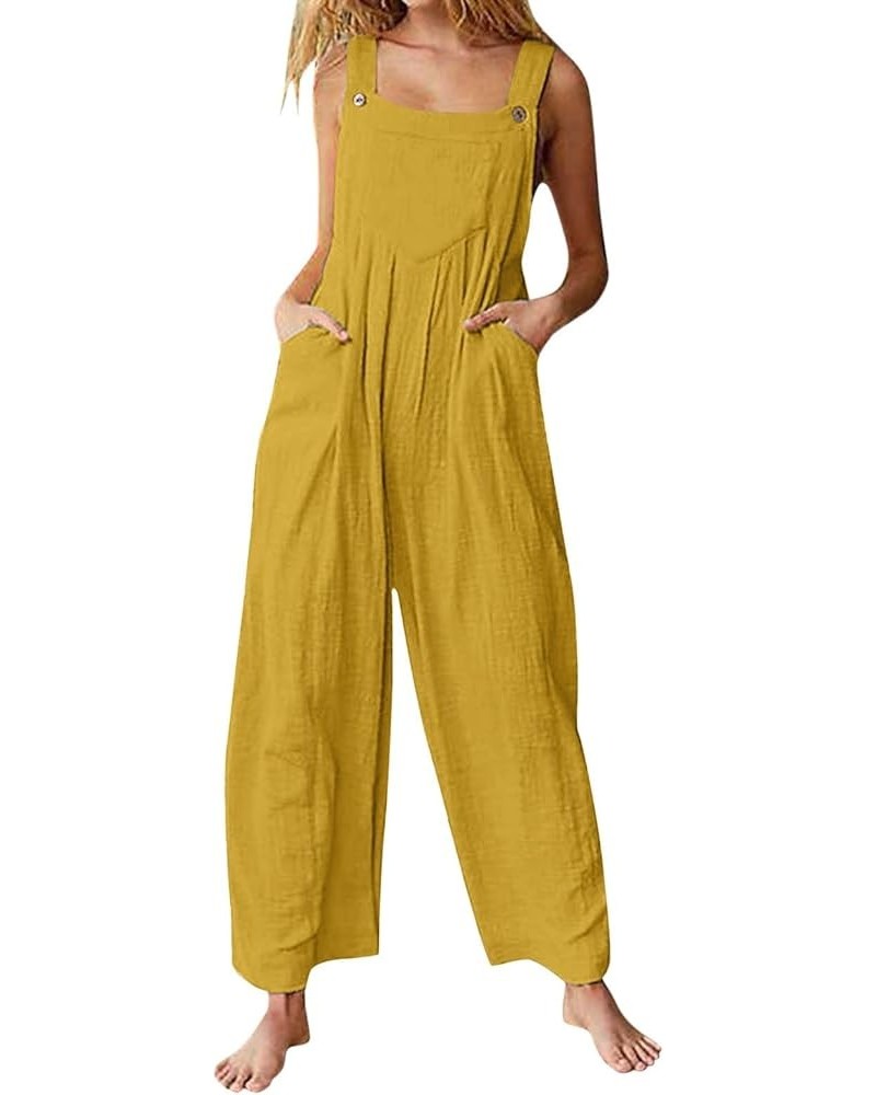 Summer Linen Overalls For Women Loose Fit Jumpsuits Plus Size Linen Baggy Beach Rompers Wide Leg Pants with Pockets 23-yellow...