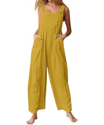 Summer Linen Overalls For Women Loose Fit Jumpsuits Plus Size Linen Baggy Beach Rompers Wide Leg Pants with Pockets 23-yellow...