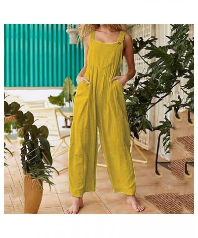 Summer Linen Overalls For Women Loose Fit Jumpsuits Plus Size Linen Baggy Beach Rompers Wide Leg Pants with Pockets 23-yellow...