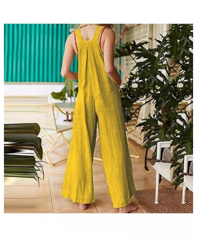 Summer Linen Overalls For Women Loose Fit Jumpsuits Plus Size Linen Baggy Beach Rompers Wide Leg Pants with Pockets 23-yellow...