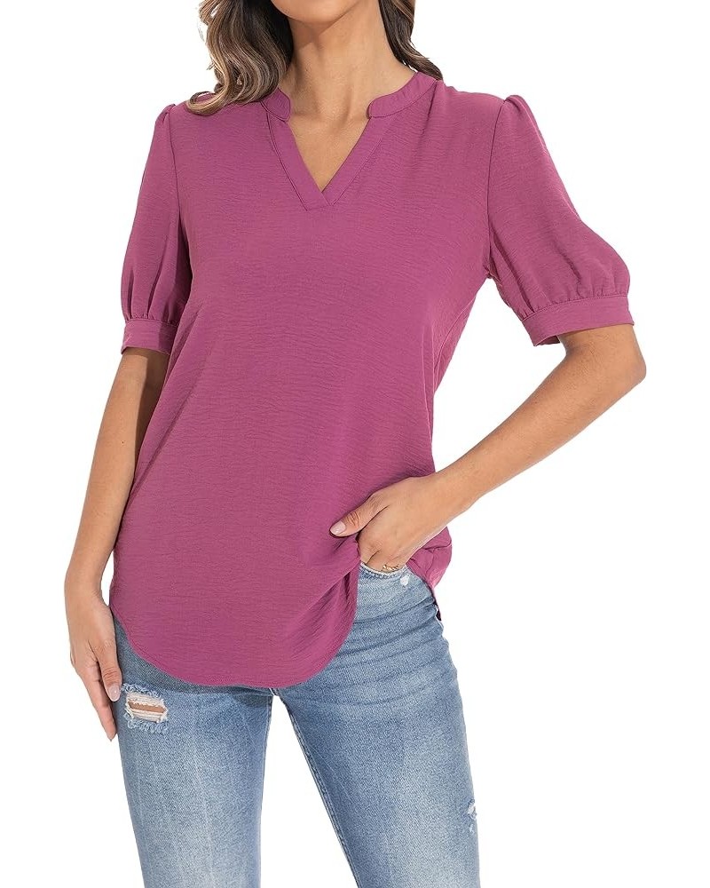 Women's Loose V-Neck Puff Sleeve Tunic, Soft and Comfortable Casual Shirt Red Violet $16.66 Tops