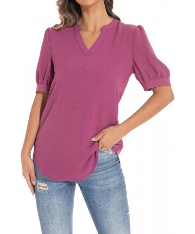 Women's Loose V-Neck Puff Sleeve Tunic, Soft and Comfortable Casual Shirt Red Violet $16.66 Tops