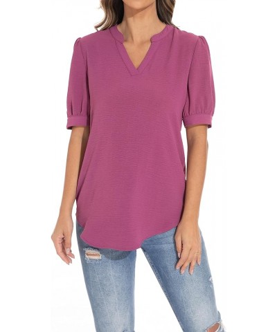 Women's Loose V-Neck Puff Sleeve Tunic, Soft and Comfortable Casual Shirt Red Violet $16.66 Tops