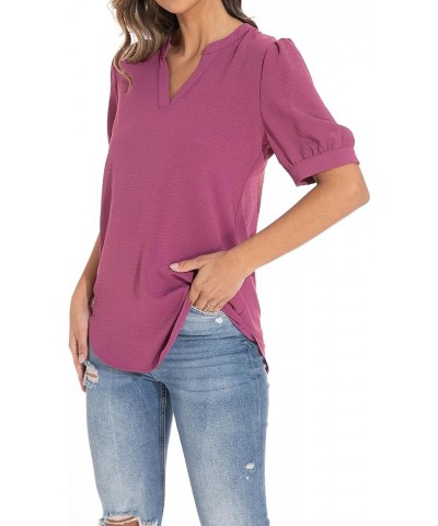 Women's Loose V-Neck Puff Sleeve Tunic, Soft and Comfortable Casual Shirt Red Violet $16.66 Tops