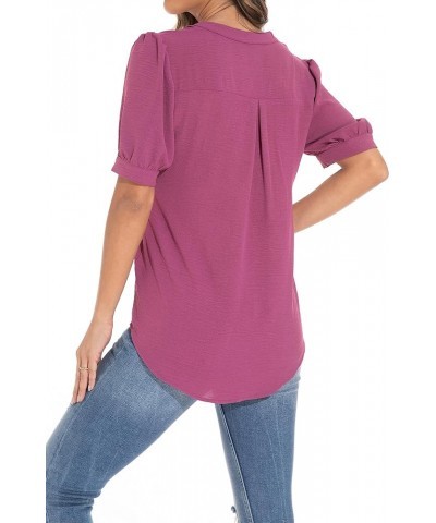 Women's Loose V-Neck Puff Sleeve Tunic, Soft and Comfortable Casual Shirt Red Violet $16.66 Tops