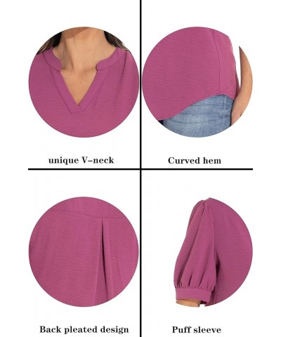 Women's Loose V-Neck Puff Sleeve Tunic, Soft and Comfortable Casual Shirt Red Violet $16.66 Tops