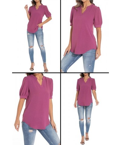 Women's Loose V-Neck Puff Sleeve Tunic, Soft and Comfortable Casual Shirt Red Violet $16.66 Tops