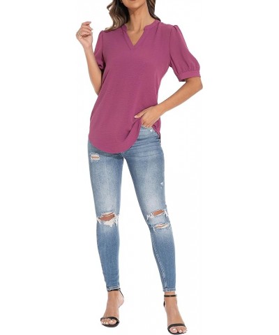 Women's Loose V-Neck Puff Sleeve Tunic, Soft and Comfortable Casual Shirt Red Violet $16.66 Tops