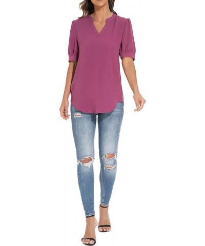 Women's Loose V-Neck Puff Sleeve Tunic, Soft and Comfortable Casual Shirt Red Violet $16.66 Tops