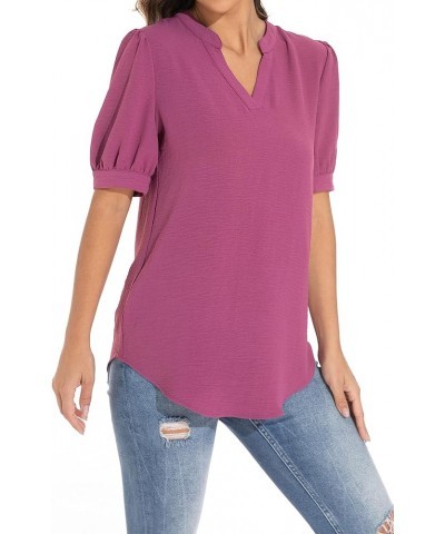 Women's Loose V-Neck Puff Sleeve Tunic, Soft and Comfortable Casual Shirt Red Violet $16.66 Tops