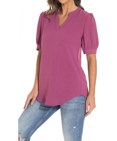 Women's Loose V-Neck Puff Sleeve Tunic, Soft and Comfortable Casual Shirt Red Violet $16.66 Tops