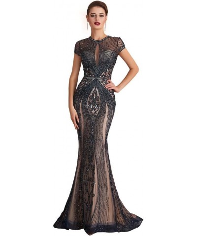 Womne's Navy Blue Crystals Mermaid Evening Dresses Sexy Cap Sleeve Tulle Prom Dresses US 2-16 Navy Blue B $88.00 Dresses