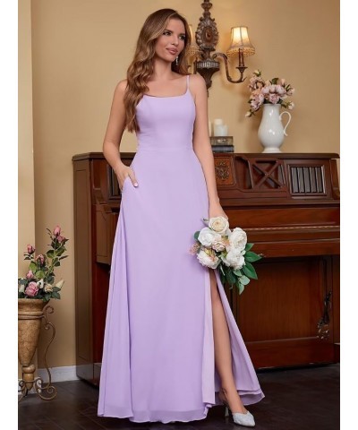 Women's Spaghetti Strap Bridesmaid Dresses Long A Line Slit Chiffon Formal Evening Gown Backless with Pockets Navy $30.55 Dre...