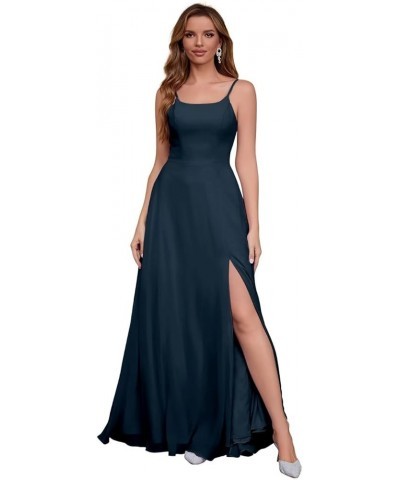 Women's Spaghetti Strap Bridesmaid Dresses Long A Line Slit Chiffon Formal Evening Gown Backless with Pockets Navy $30.55 Dre...