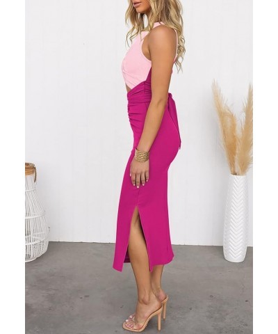 Women's Sexy Hollow Out Slim Sleeveless Bodycon Dress Crewneck Crisscross Twist Ruched Slit Midi Dress Rouge Rose $18.90 Dresses