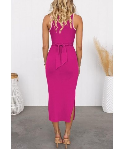 Women's Sexy Hollow Out Slim Sleeveless Bodycon Dress Crewneck Crisscross Twist Ruched Slit Midi Dress Rouge Rose $18.90 Dresses