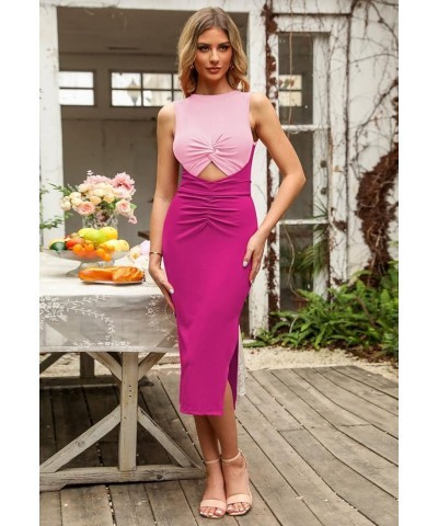 Women's Sexy Hollow Out Slim Sleeveless Bodycon Dress Crewneck Crisscross Twist Ruched Slit Midi Dress Rouge Rose $18.90 Dresses