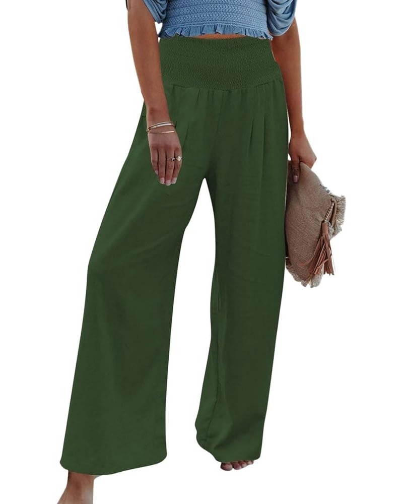 Women Linen Palazzo Pants Summer 2023 Boho Wide Leg High Waist Casual Flowy Lounge Pant Trousers with Pocket K04-green $6.66 ...