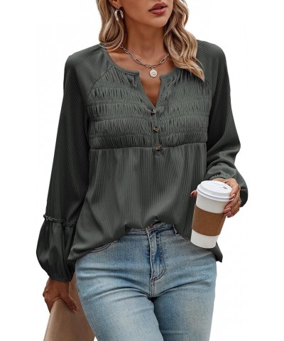 Women Long Sleeve Tops - Henley V Neck Shirt Casual Fall 2023 Solid Blouse Button Down Smocked Tunics Dark Gray $16.49 Tops