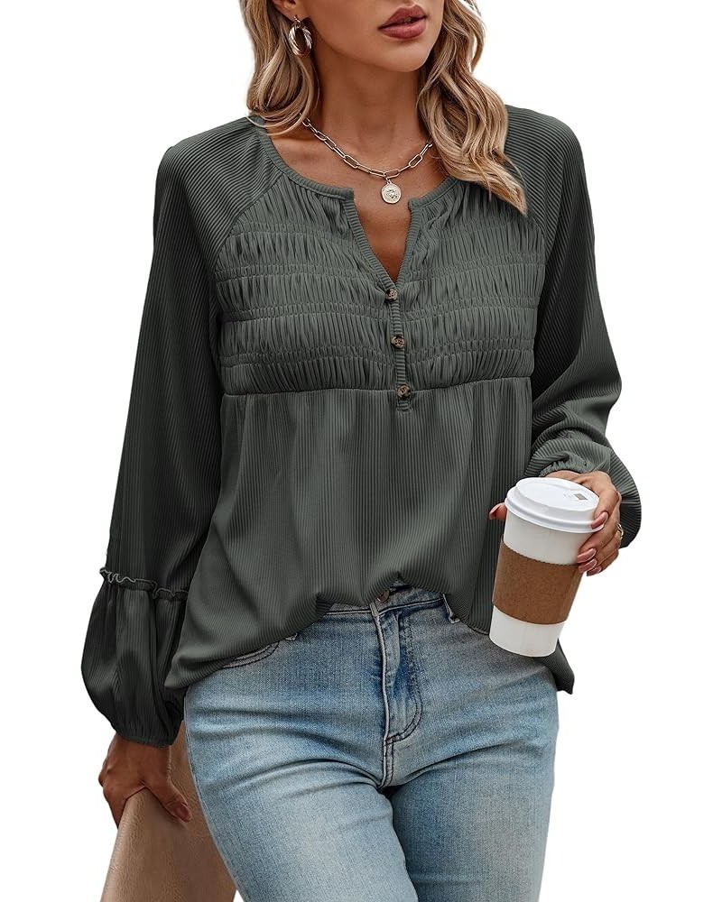 Women Long Sleeve Tops - Henley V Neck Shirt Casual Fall 2023 Solid Blouse Button Down Smocked Tunics Dark Gray $16.49 Tops