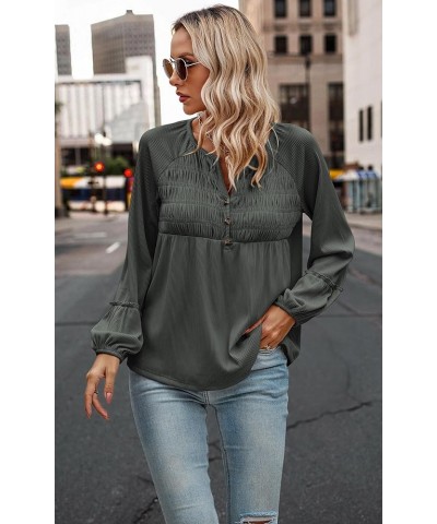 Women Long Sleeve Tops - Henley V Neck Shirt Casual Fall 2023 Solid Blouse Button Down Smocked Tunics Dark Gray $16.49 Tops