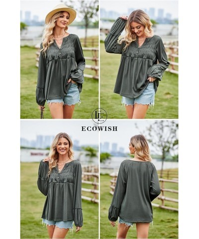 Women Long Sleeve Tops - Henley V Neck Shirt Casual Fall 2023 Solid Blouse Button Down Smocked Tunics Dark Gray $16.49 Tops