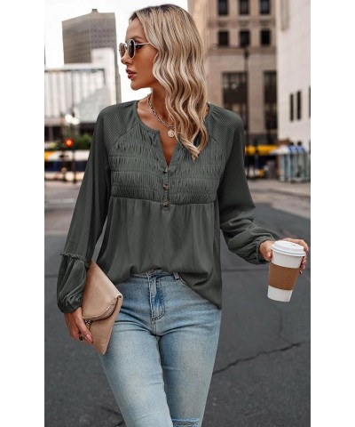 Women Long Sleeve Tops - Henley V Neck Shirt Casual Fall 2023 Solid Blouse Button Down Smocked Tunics Dark Gray $16.49 Tops