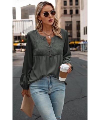 Women Long Sleeve Tops - Henley V Neck Shirt Casual Fall 2023 Solid Blouse Button Down Smocked Tunics Dark Gray $16.49 Tops