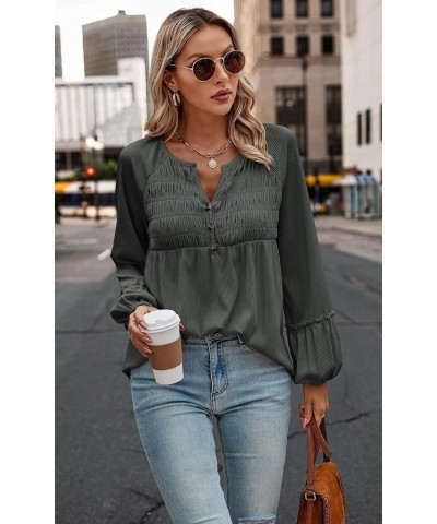 Women Long Sleeve Tops - Henley V Neck Shirt Casual Fall 2023 Solid Blouse Button Down Smocked Tunics Dark Gray $16.49 Tops