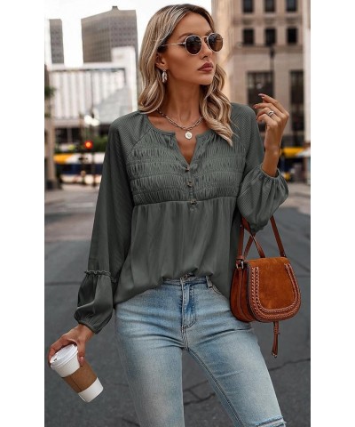 Women Long Sleeve Tops - Henley V Neck Shirt Casual Fall 2023 Solid Blouse Button Down Smocked Tunics Dark Gray $16.49 Tops