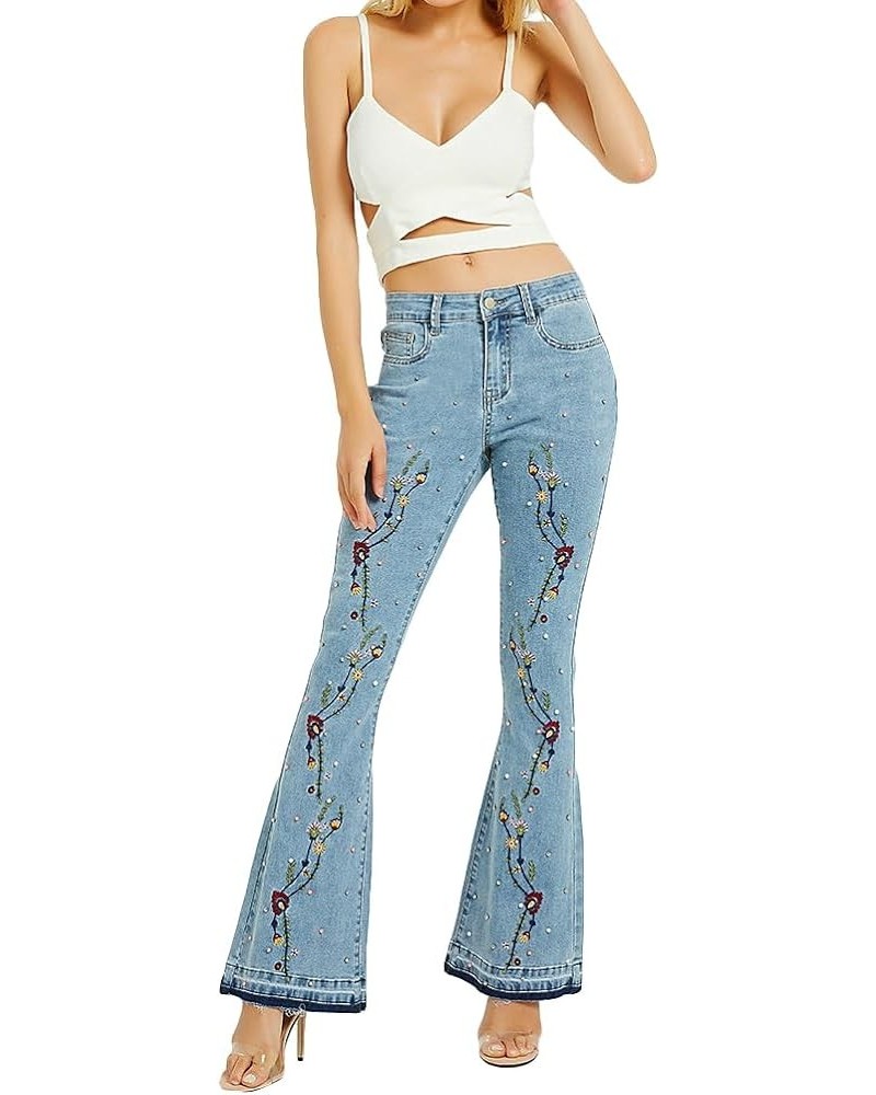 Women's Floral Embroidered Jeans Flare Bell Bottom Mid Waist Retro Slim Fit Zipper Denim Pants A9 Light Blue $20.68 Jeans