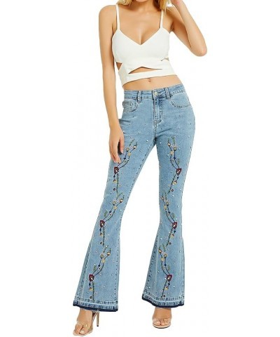 Women's Floral Embroidered Jeans Flare Bell Bottom Mid Waist Retro Slim Fit Zipper Denim Pants A9 Light Blue $20.68 Jeans