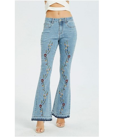 Women's Floral Embroidered Jeans Flare Bell Bottom Mid Waist Retro Slim Fit Zipper Denim Pants A9 Light Blue $20.68 Jeans