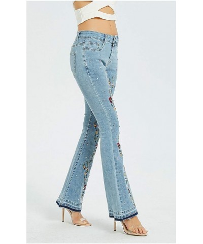 Women's Floral Embroidered Jeans Flare Bell Bottom Mid Waist Retro Slim Fit Zipper Denim Pants A9 Light Blue $20.68 Jeans