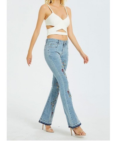 Women's Floral Embroidered Jeans Flare Bell Bottom Mid Waist Retro Slim Fit Zipper Denim Pants A9 Light Blue $20.68 Jeans