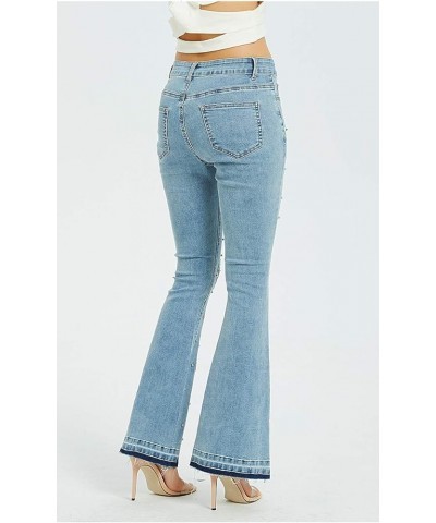 Women's Floral Embroidered Jeans Flare Bell Bottom Mid Waist Retro Slim Fit Zipper Denim Pants A9 Light Blue $20.68 Jeans