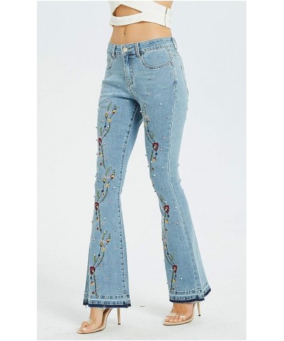 Women's Floral Embroidered Jeans Flare Bell Bottom Mid Waist Retro Slim Fit Zipper Denim Pants A9 Light Blue $20.68 Jeans